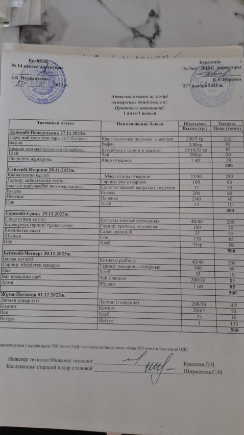 Апталық ас мәзірі